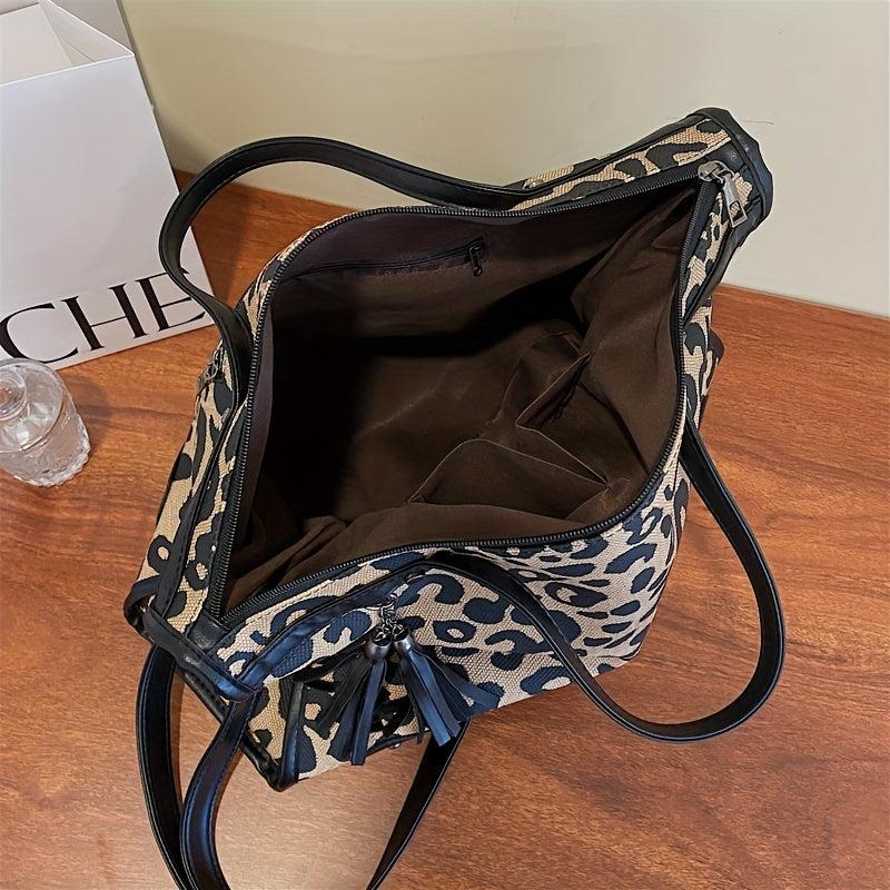 Leopard Pattern Tote Bag Studded Decor Shoulder Bag Large Capacity Satchel Bag