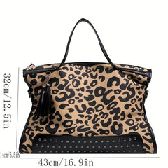 Leopard Pattern Tote Bag Studded Decor Shoulder Bag Large Capacity Satchel Bag