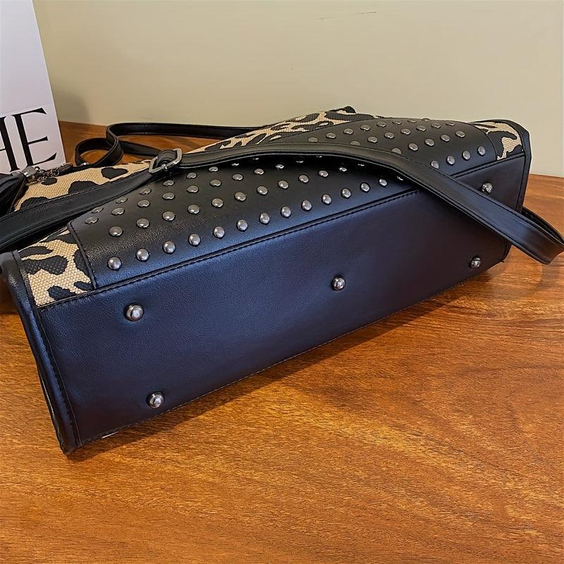 Leopard Pattern Tote Bag Studded Decor Shoulder Bag Large Capacity Satchel Bag
