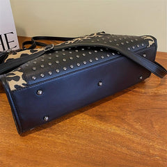 Leopard Pattern Tote Bag Studded Decor Shoulder Bag Large Capacity Satchel Bag
