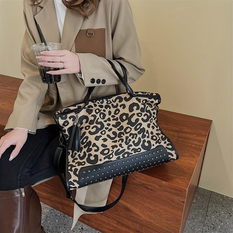 Leopard Pattern Tote Bag Studded Decor Shoulder Bag Large Capacity Satchel Bag