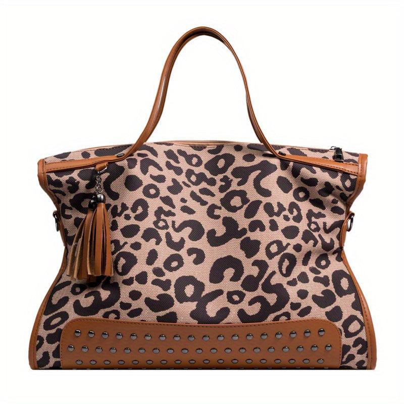 Leopard Pattern Tote Bag Studded Decor Shoulder Bag Large Capacity Satchel Bag