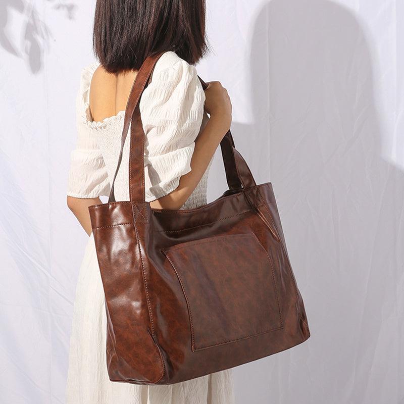 Large Capacity Solid Shoulder Bag PU Leather Retro Tote Bag Handbag