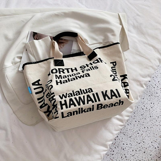 Letter Print Canvas Tote Bag Large Capacity Handbag