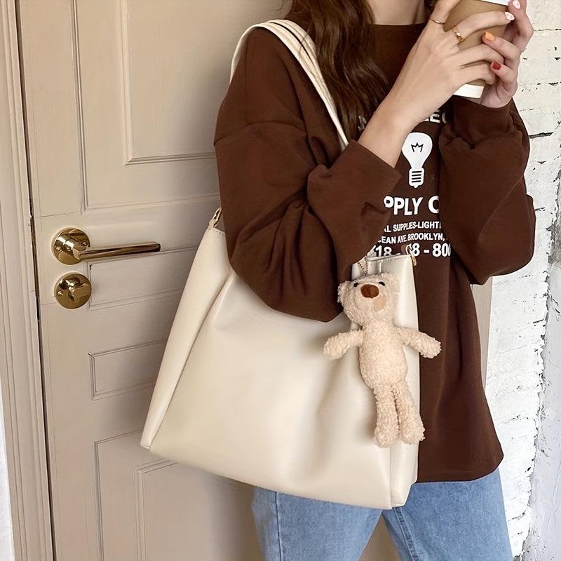 Minimalist Solid Tote Bag Women's Crossbody Bag With Bear Pendant