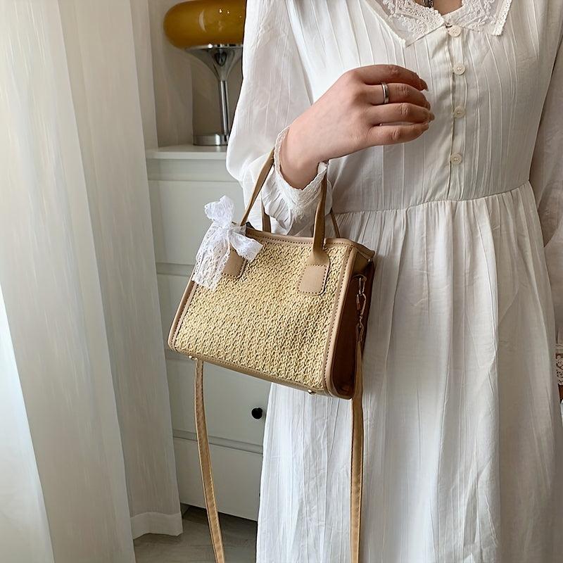 Boho Style Woven Straw Tote Bag with Scarf Crossbody Handbag