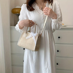 Boho Style Woven Straw Tote Bag with Scarf Crossbody Handbag
