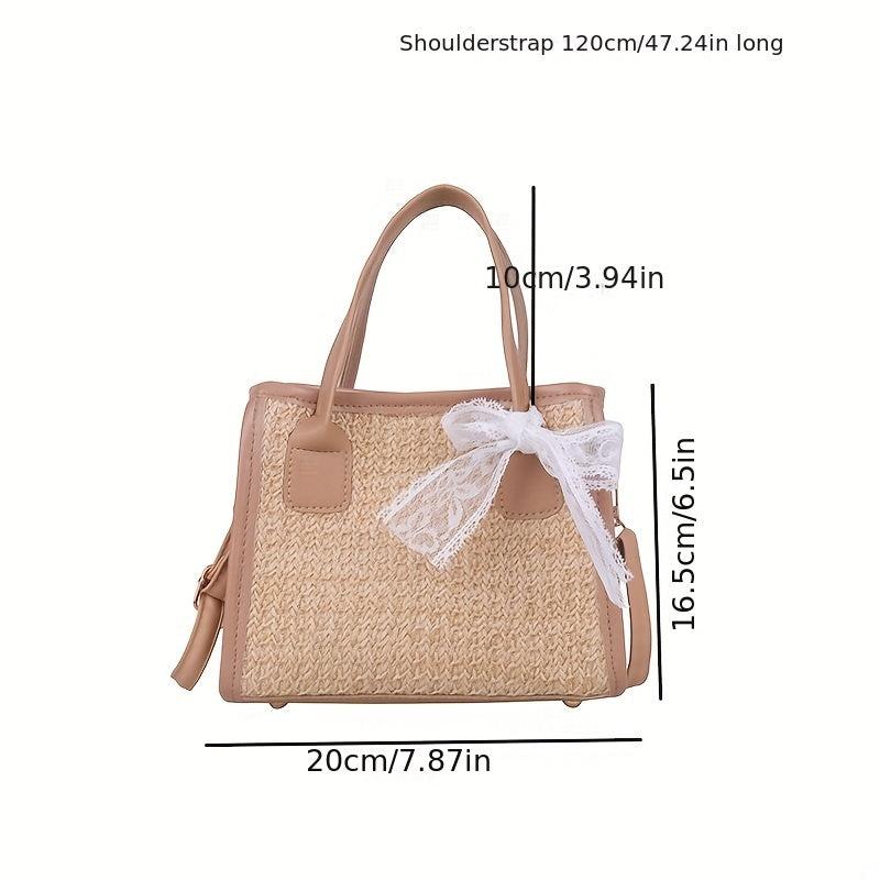 Boho Style Woven Straw Tote Bag with Scarf Crossbody Handbag