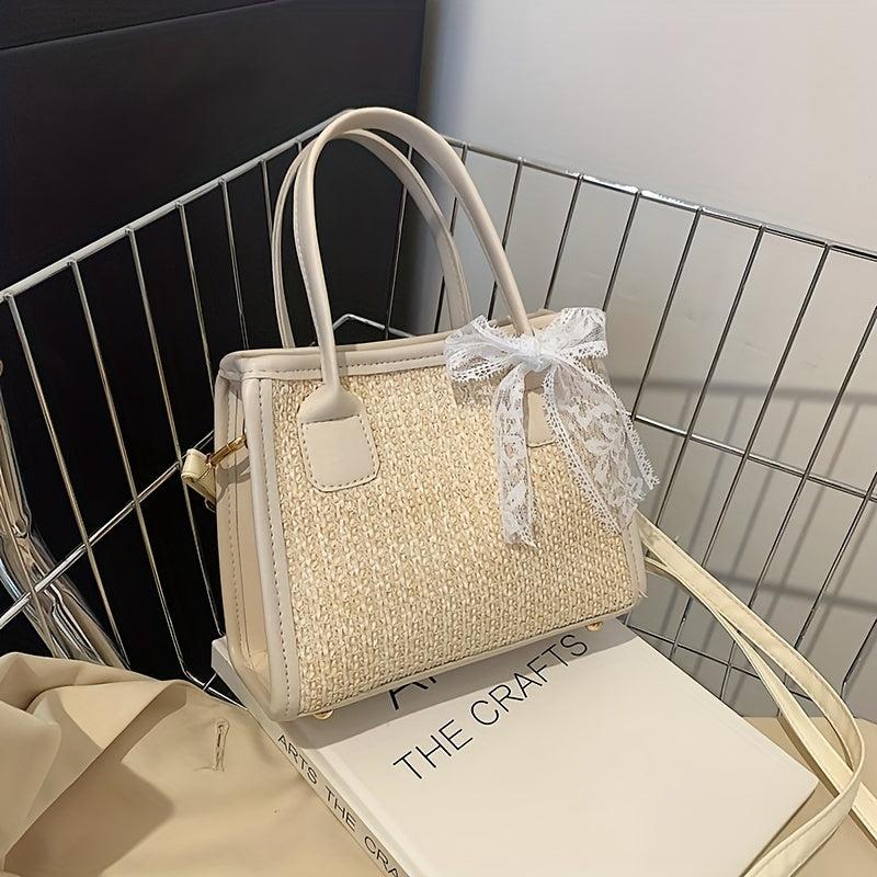 Boho Style Woven Straw Tote Bag with Scarf Crossbody Handbag