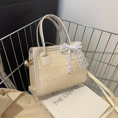 Boho Style Woven Straw Tote Bag with Scarf Crossbody Handbag