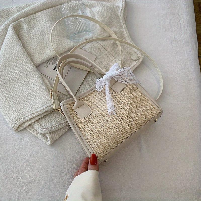 Boho Style Woven Straw Tote Bag with Scarf Crossbody Handbag