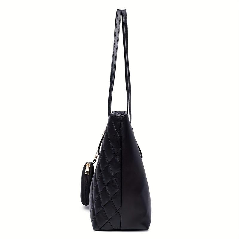 Women's Quilted Shoulder Bag Solid Tote With Coin Purse