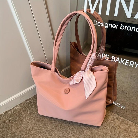 Solid Tote Bag Scarf Decor Shoulder Bag Casual Handbag for Work & Travel