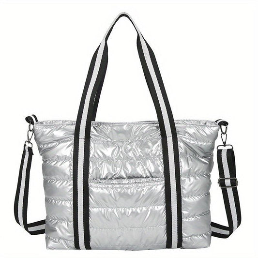 Puffer Quilted Tote Bag Women Striped Strap Shoulder Bag Large Capacity