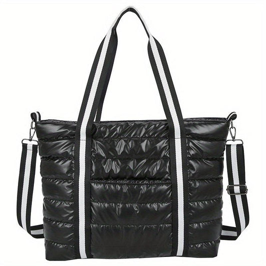 Puffer Quilted Tote Bag Women Striped Strap Shoulder Bag Large Capacity