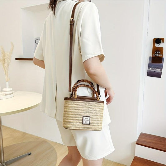 Straw Woven Tote Bag Bamboo Handle Crossbody Purse