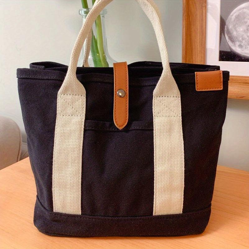 Canvas Tote Satchel Bag with Button Closure