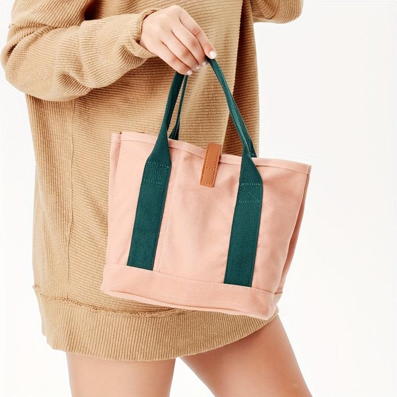 Canvas Tote Satchel Bag with Button Closure