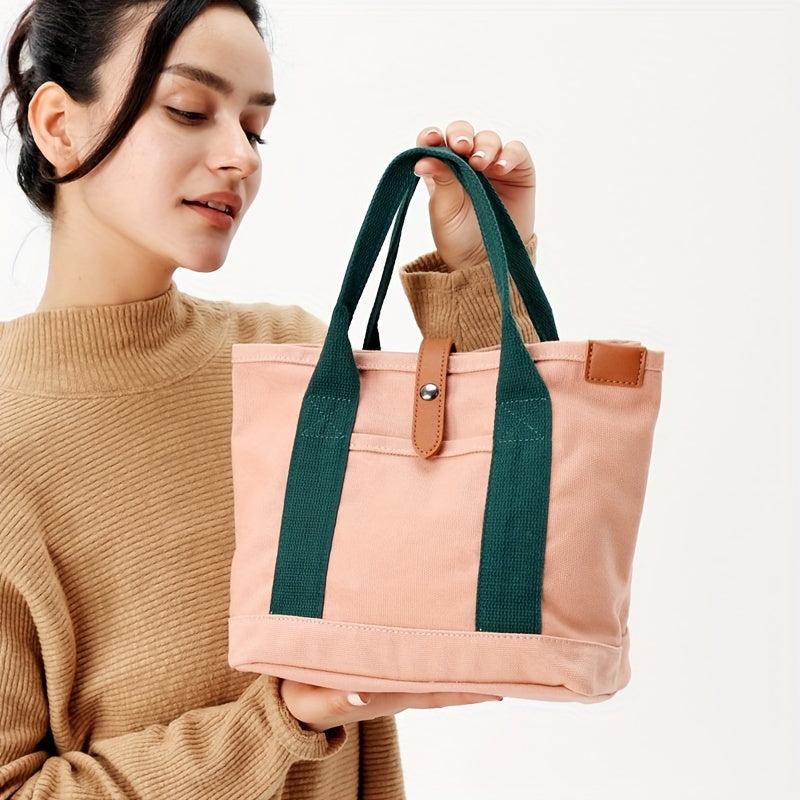 Canvas Tote Satchel Bag with Button Closure