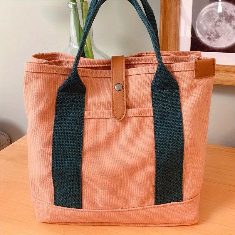 Canvas Tote Satchel Bag with Button Closure