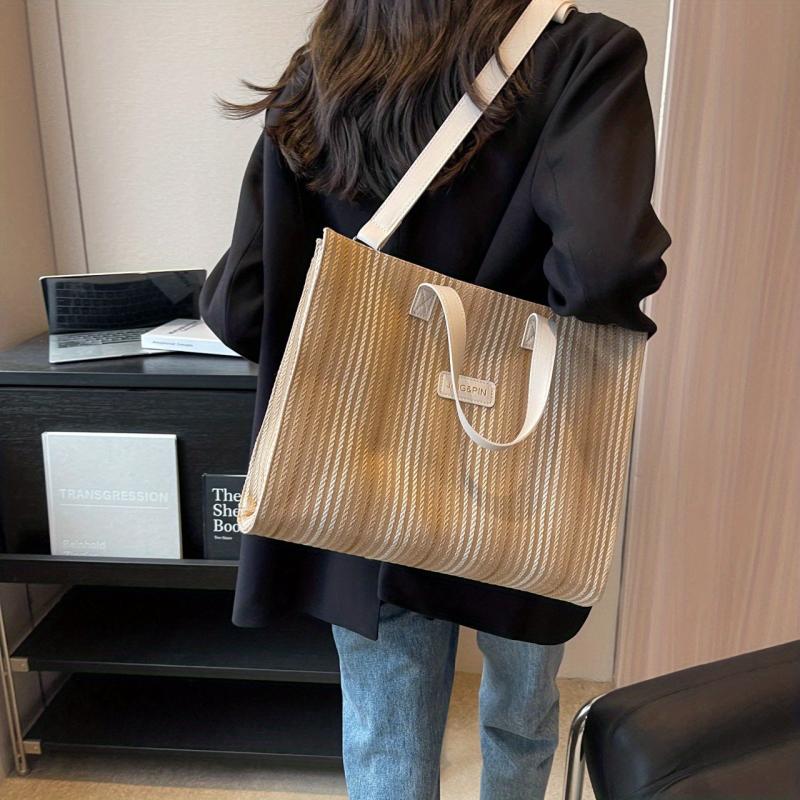 Stripes Canvas Tote Bag Large Capacity Shoulder Bag For Work School Shopping