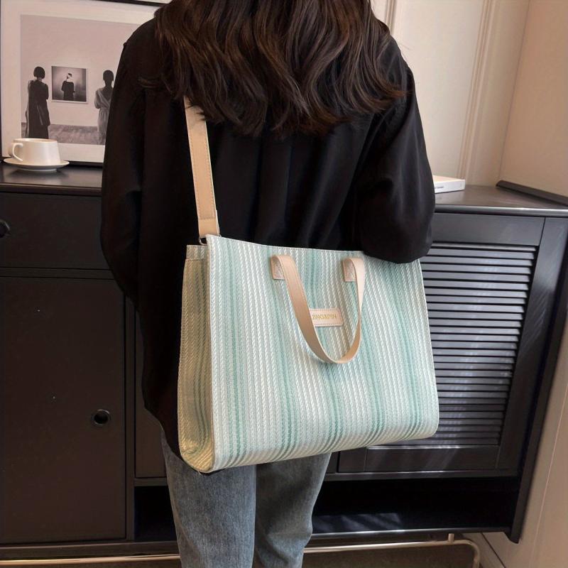 Stripes Canvas Tote Bag Large Capacity Shoulder Bag For Work School Shopping