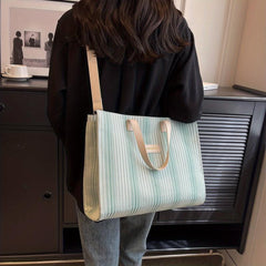 Stripes Canvas Tote Bag Large Capacity Shoulder Bag For Work School Shopping