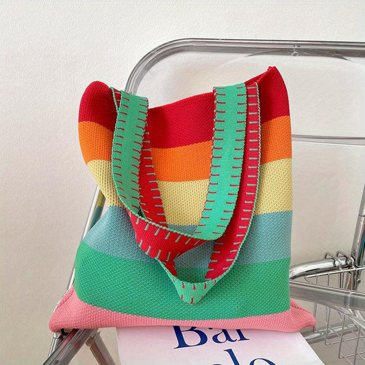 Colorful Stripes Knitted Tote Bag Slouchy Rainbow Large Capacity Handbag