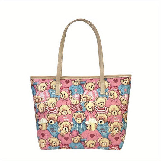 Versatile Bear Pattern Tote Bag PU Leather Shoulder Shopping Bag Women