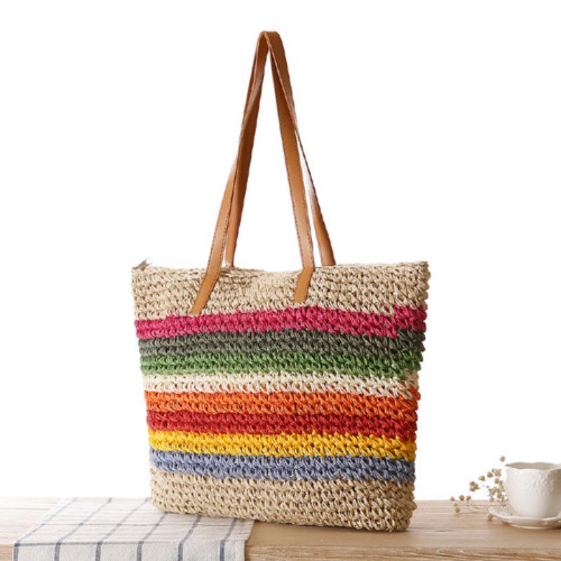 Women's Colorblock Straw Bag Lightweight Braided Shoulder Bag All Match Tote Bag