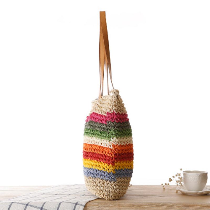 Women's Colorblock Straw Bag Lightweight Braided Shoulder Bag All Match Tote Bag
