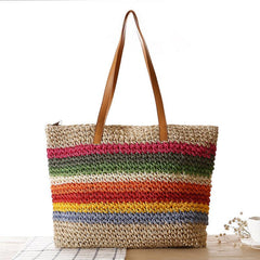 Women's Colorblock Straw Bag Lightweight Braided Shoulder Bag All Match Tote Bag