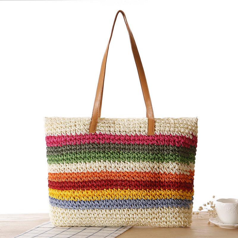 Women's Colorblock Straw Bag Lightweight Braided Shoulder Bag All Match Tote Bag