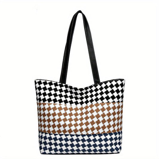 Colorblock Plaid Pattern Tote Bag Lightweight Shoulder Bag All Match