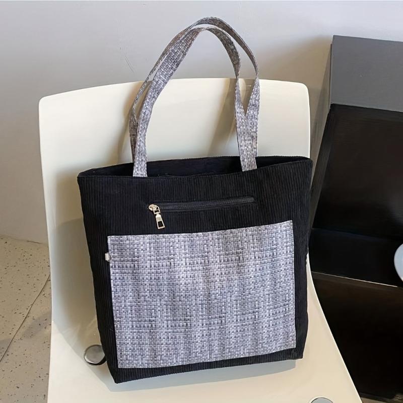 Large Capacity Corduroy Tote Bag with Stitching, Casual Shoulder Bag