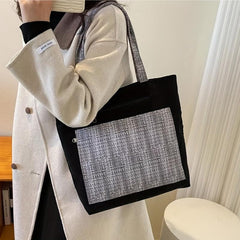 Large Capacity Corduroy Tote Bag with Stitching, Casual Shoulder Bag