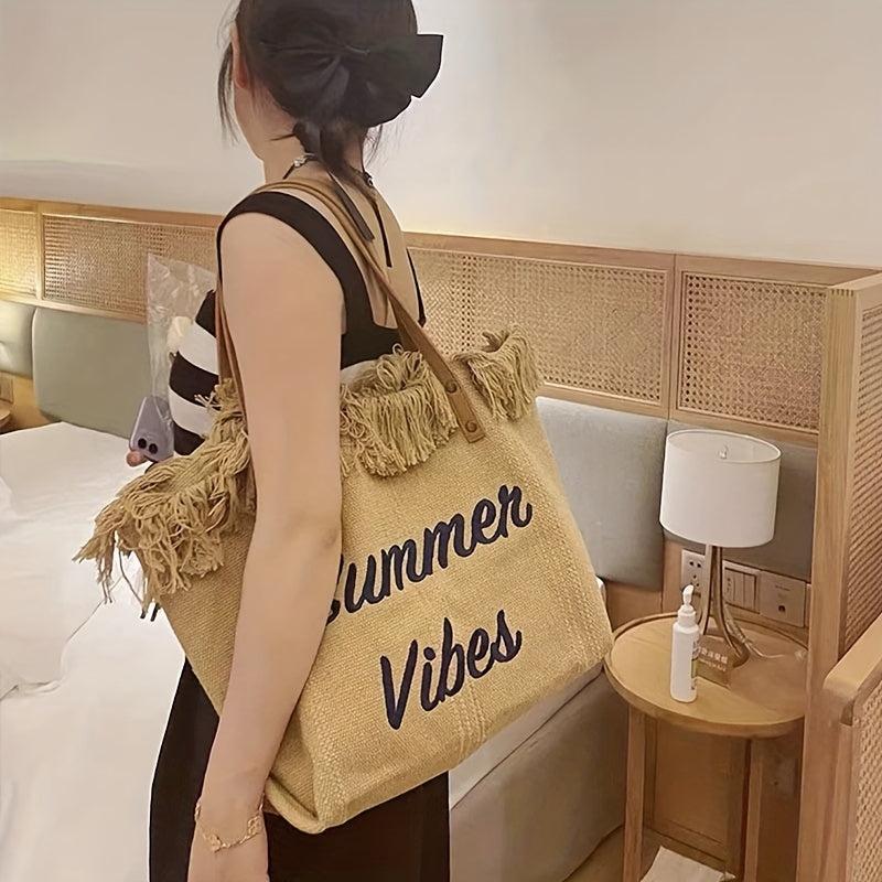 Letter Embroidered Tote Shoulder Bag with Tassel Decor