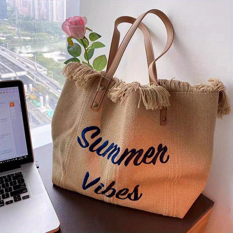 Letter Embroidered Tote Shoulder Bag with Tassel Decor