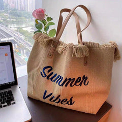 Letter Embroidered Tote Shoulder Bag with Tassel Decor