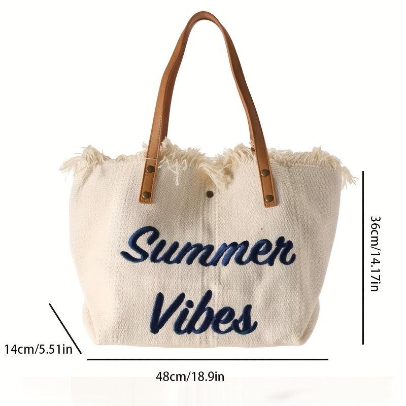 Letter Embroidered Tote Shoulder Bag with Tassel Decor
