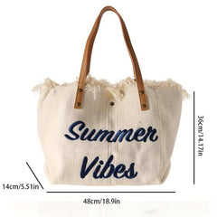 Letter Embroidered Tote Shoulder Bag with Tassel Decor
