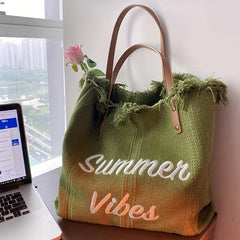 Letter Embroidered Tote Shoulder Bag with Tassel Decor