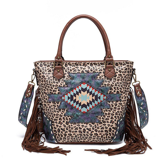 Leopard Pattern Tote Bag Fringe Trim Shoulder Bag