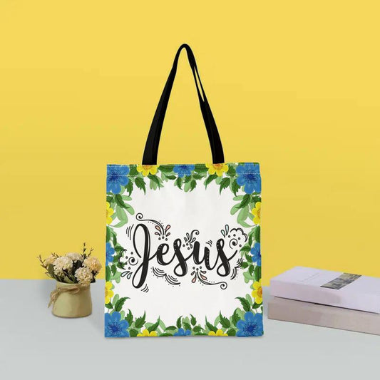 Flower & Letters Print Canvas Handbag Lightweight Shoulder Bag