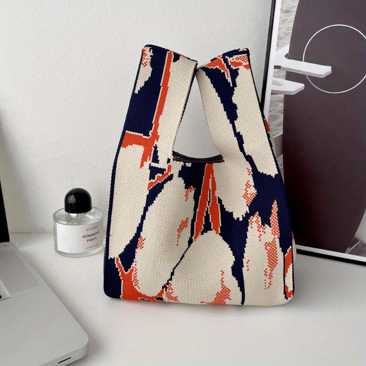 Colorblock Crochet Bag Knitted Tote Handbag For Beach