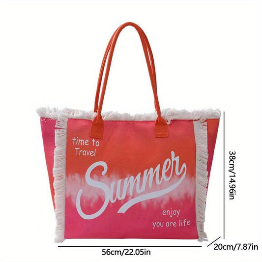 Tie Dye Letter Print Tote Bag Tassel Decor Shoulder Bag