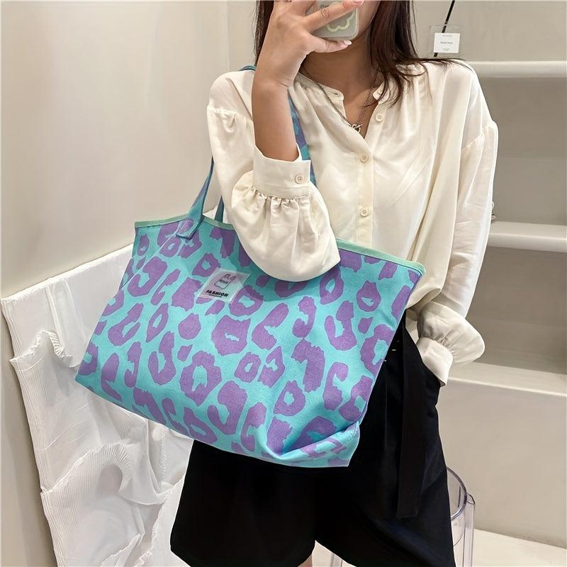 Leopard Pattern Canvas Tote Bag Large Capacity Shopping Bag For Women