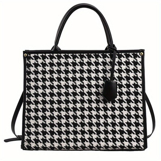 Houndstooth Pattern Tote Bag Tweed Shoulder Bag Women's Handbag