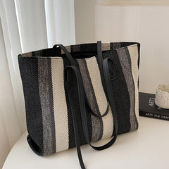 Striped Pattern Shoulder Bag Large Capacity Tote Bag Zipper Shopping Bag