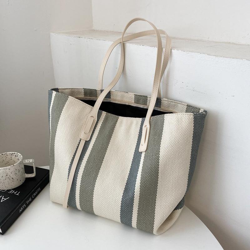 Striped Pattern Shoulder Bag Large Capacity Tote Bag Zipper Shopping Bag